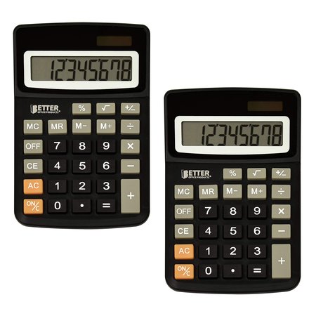BETTER OFFICE PRODUCTS Desktop Calculators, 8-Digit LCD Display, Black, Dual Power with Included Button Battery, 2PK 00401